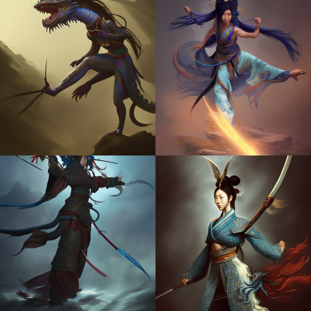 Dragon Woman Wuxia Martial Artist in Dark Fantasy Style