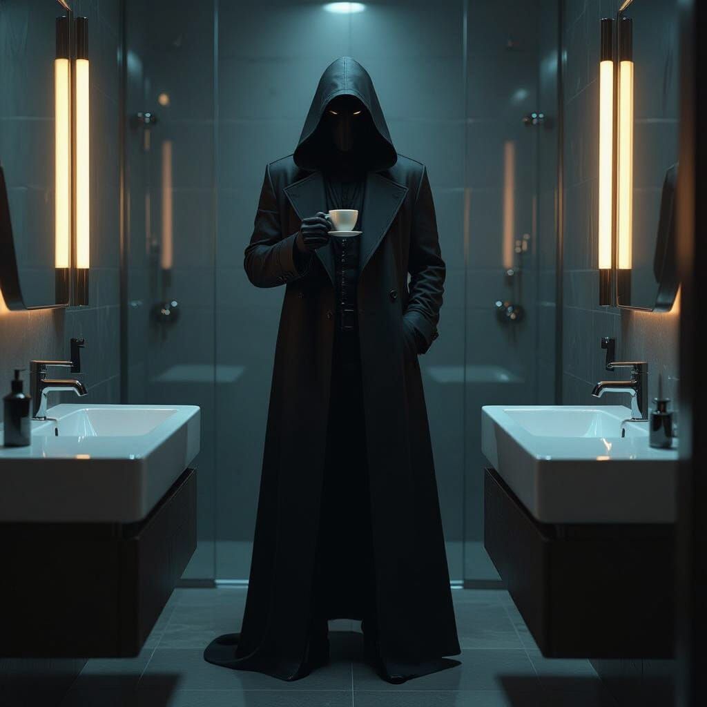 Noir Cappuccino in Futuristic Bathroom, Ash Thorp Style