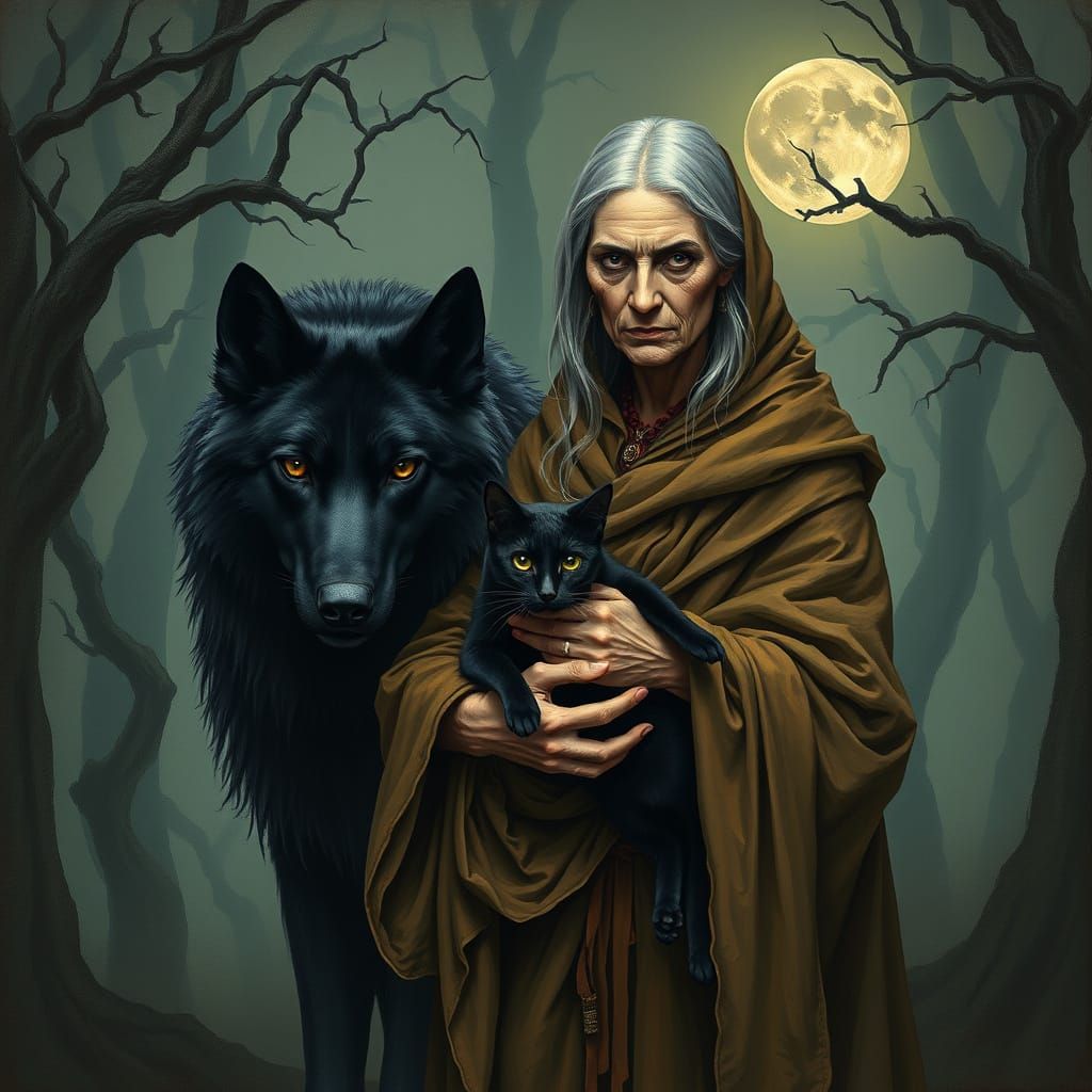 Mysterious Elderly Woman with Black Wolf and Cat in Dark For...