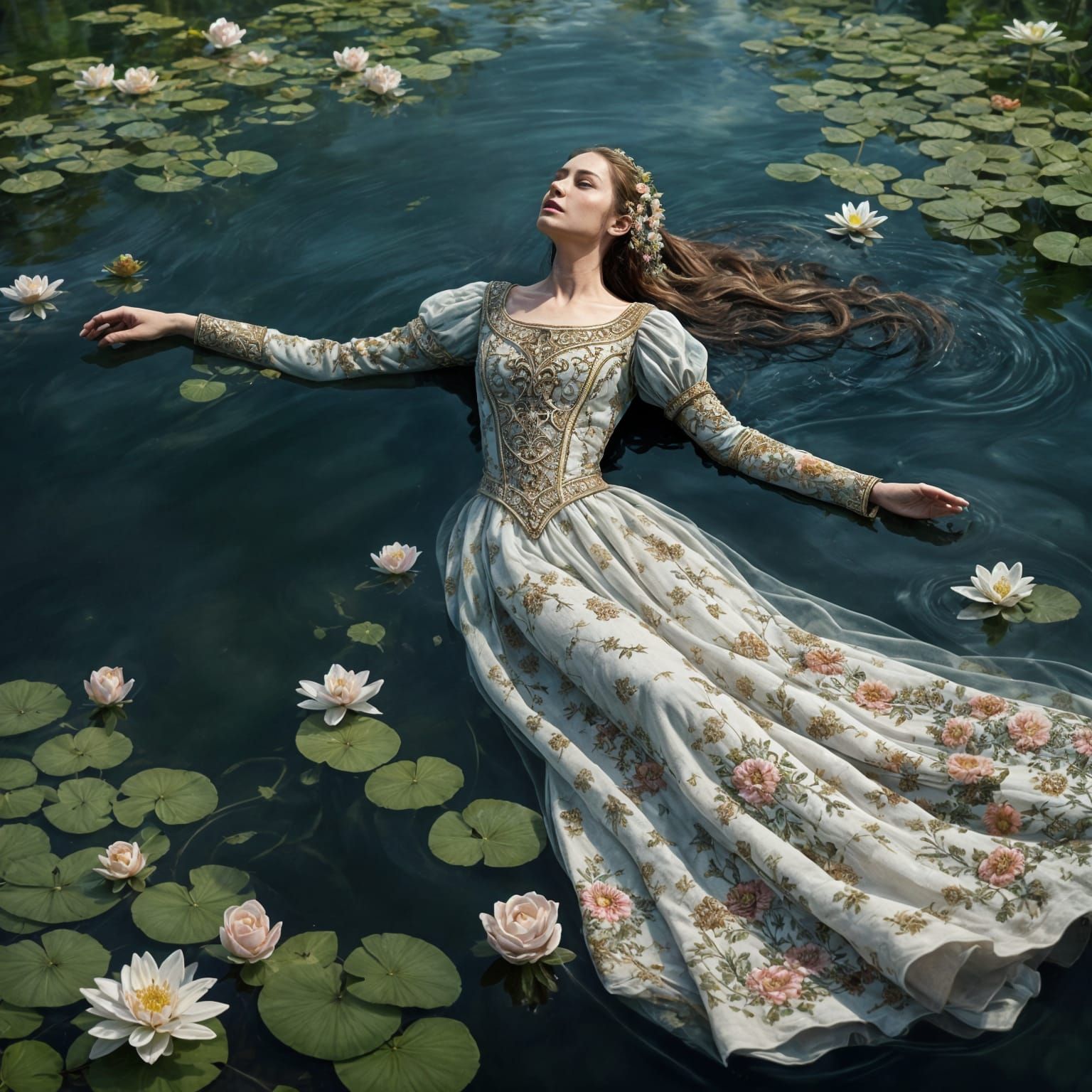 Serene Woman Floating in Intricate Lake