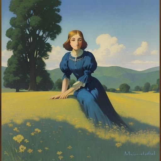 Woman in Summer Meadow Inspired by Golden Age Illustration