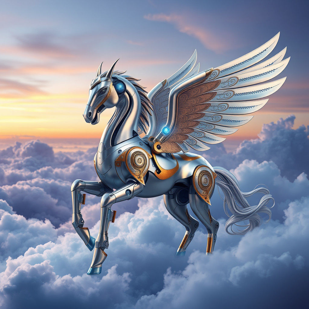 Metallic Robot Pegasus Ascending to Heaven