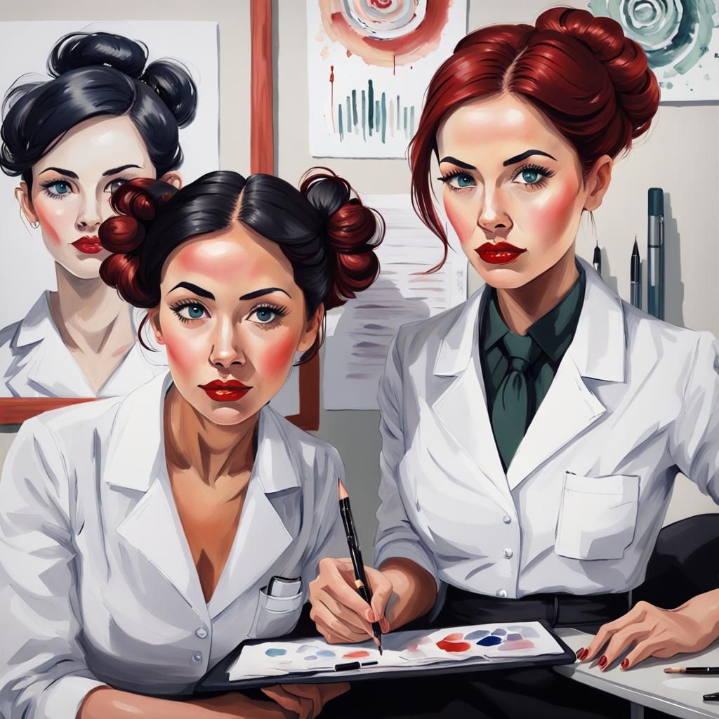 Office Women with Hypnotic Eyes as Gouache Painting