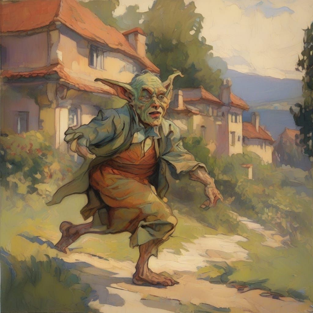 Goblin Emerges in Autumnal Art Nouveau Village Scene