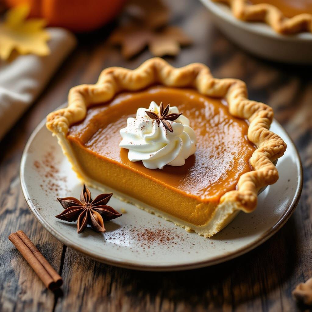 Warm Pumpkin Pie Slice with Whipped Cream and Star Anise