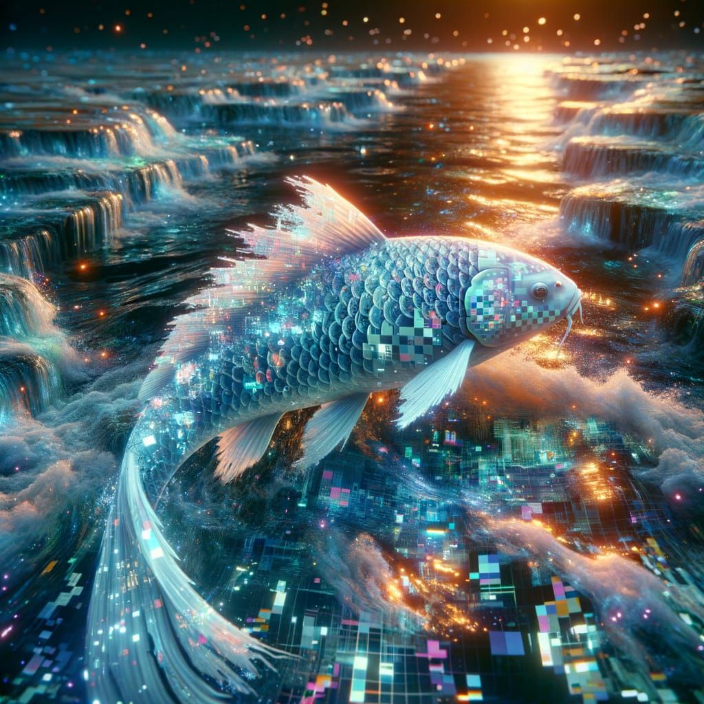 Bioluminescent Koi in Corrupted Digital Stream