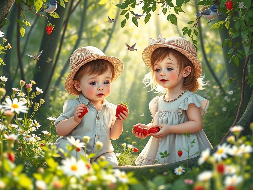 Toddler Siblings Gathering Strawberries in Wildflower Meadow