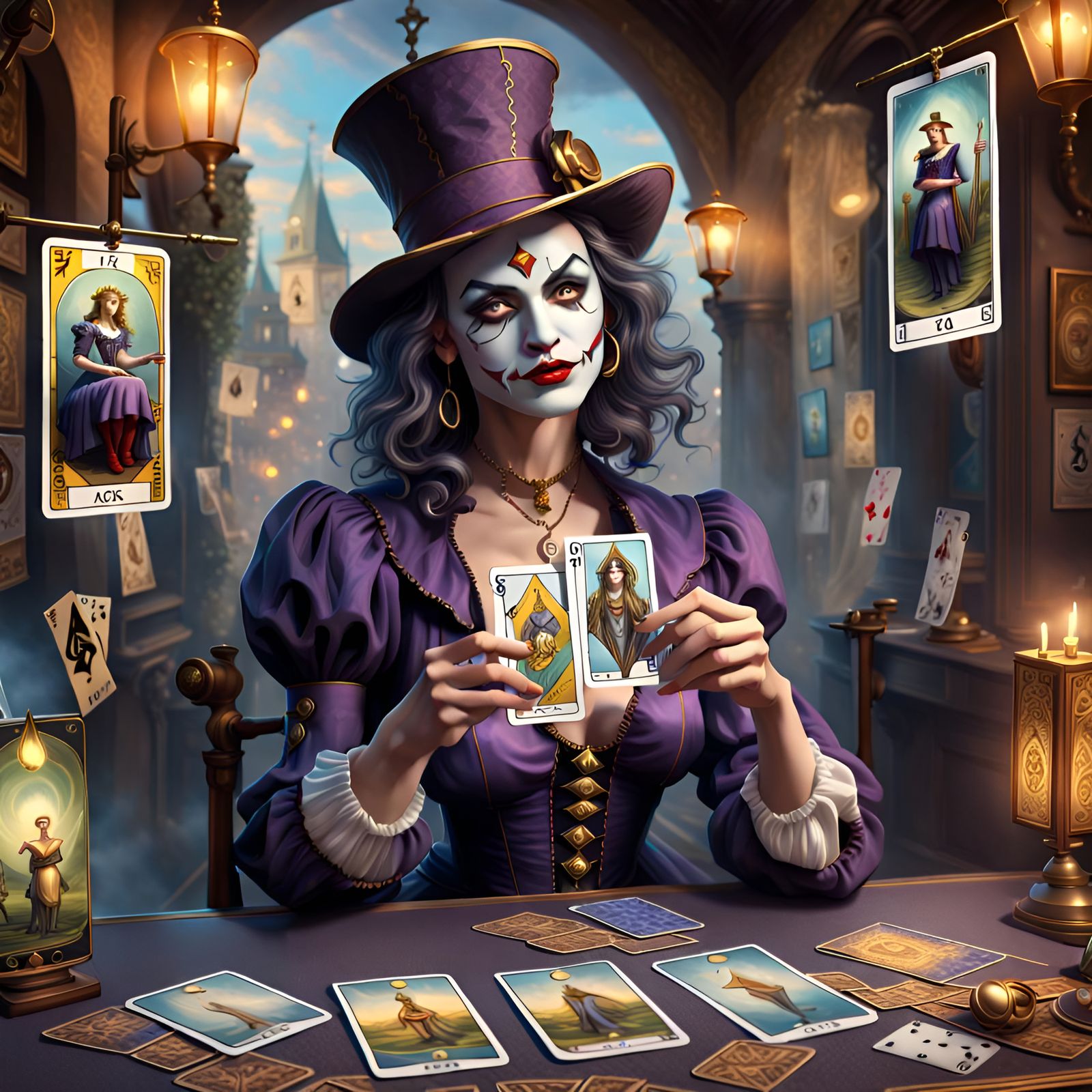 Tarot Reader with Joker and Hangman Cards