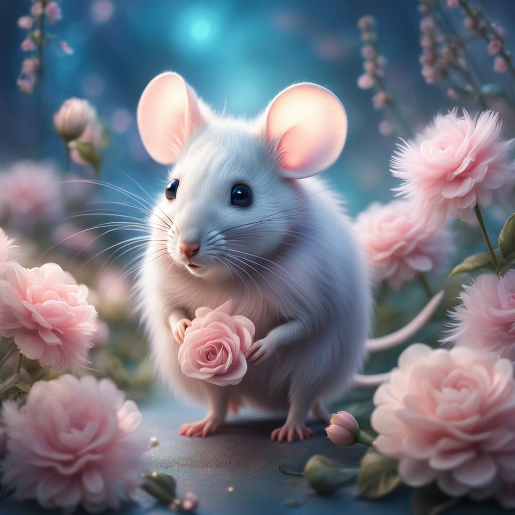 An adorable little grey mouse, with pink flowers