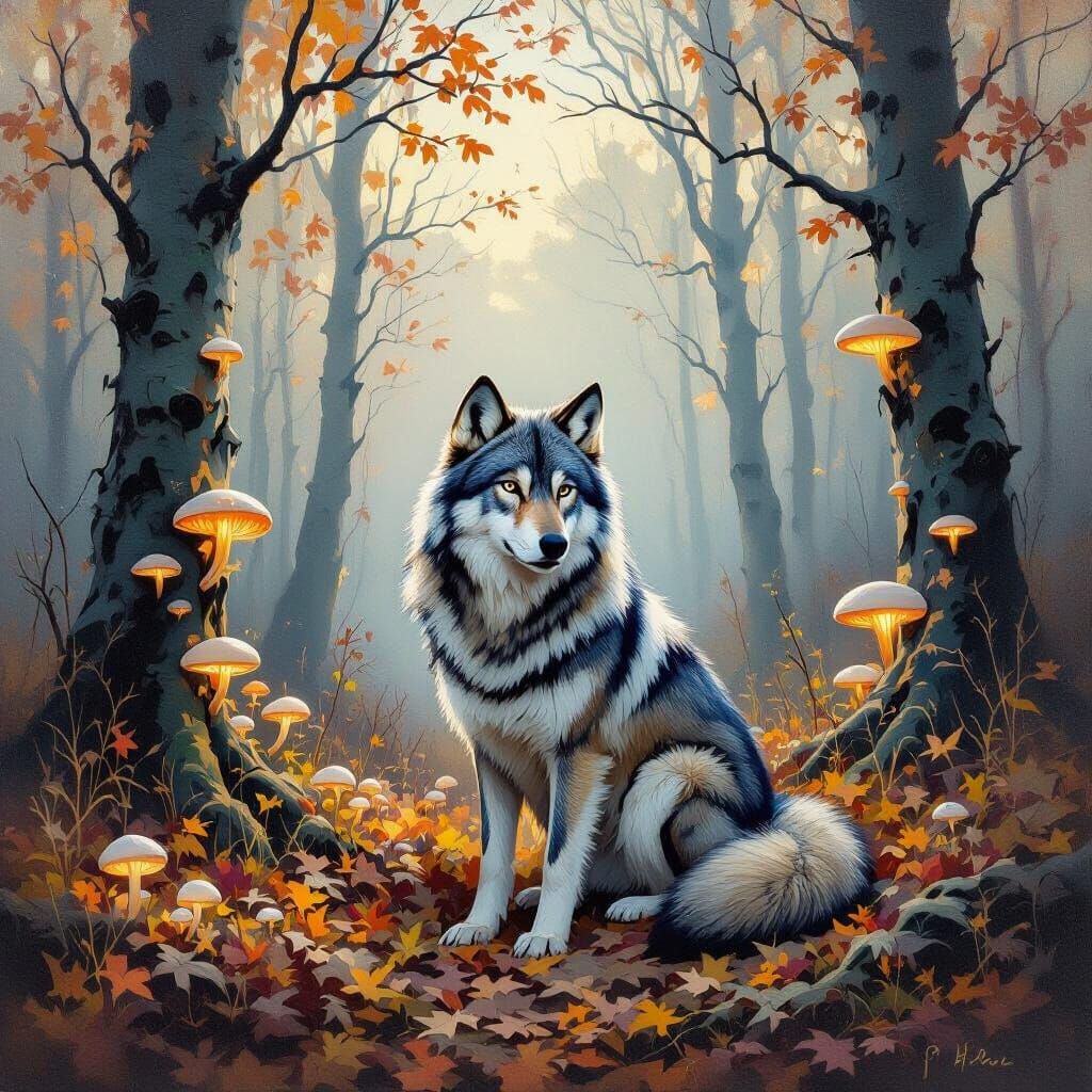 Bioluminescent Forest Wolf in Impressionist Style