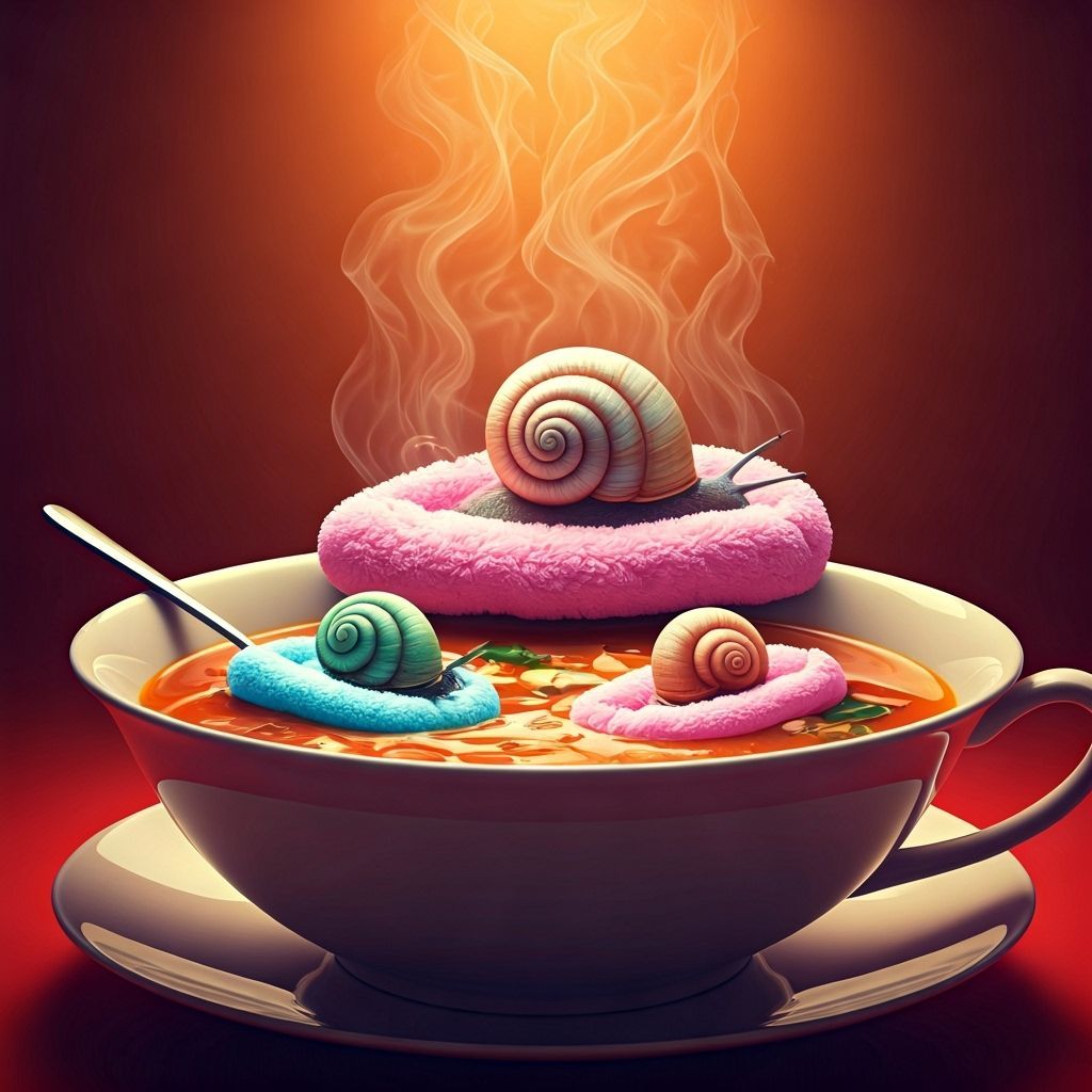 Surreal Snails Sleeping on Marshmallows in Soup Bowls