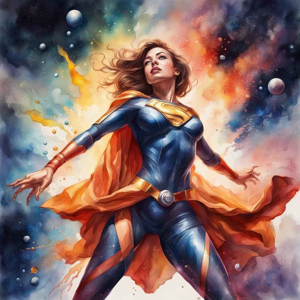 Superheroine Touches Energy Source in Space, Watercolor