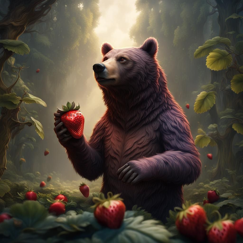 Bear Holding Strawberry: Detailed Matte Painting