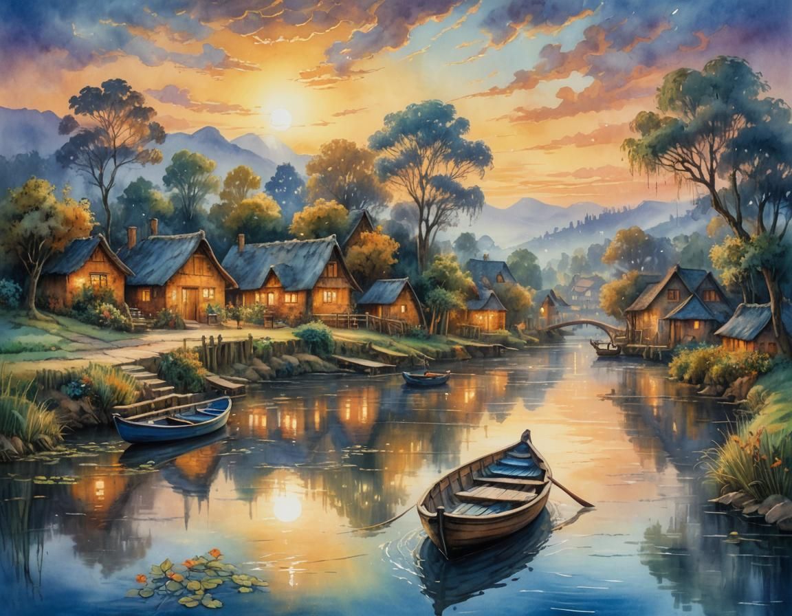 Sunset Village: Watercolor in Neo-Impressionist Style