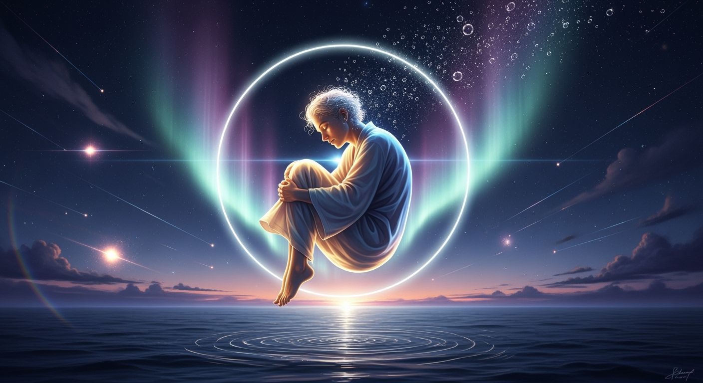 Twilight Levitation: Androgynous Figure in Aurora Halo