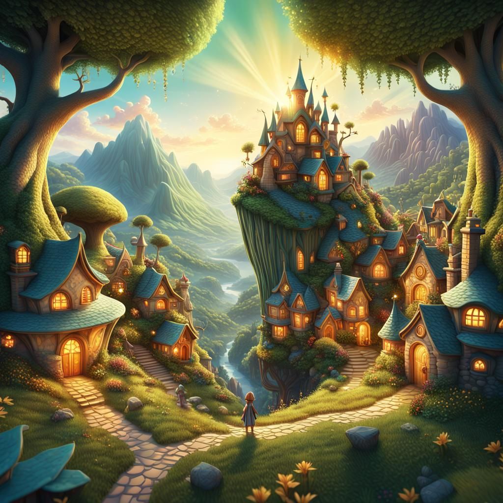 Whimsical Fairy Village in Mountainous Forest