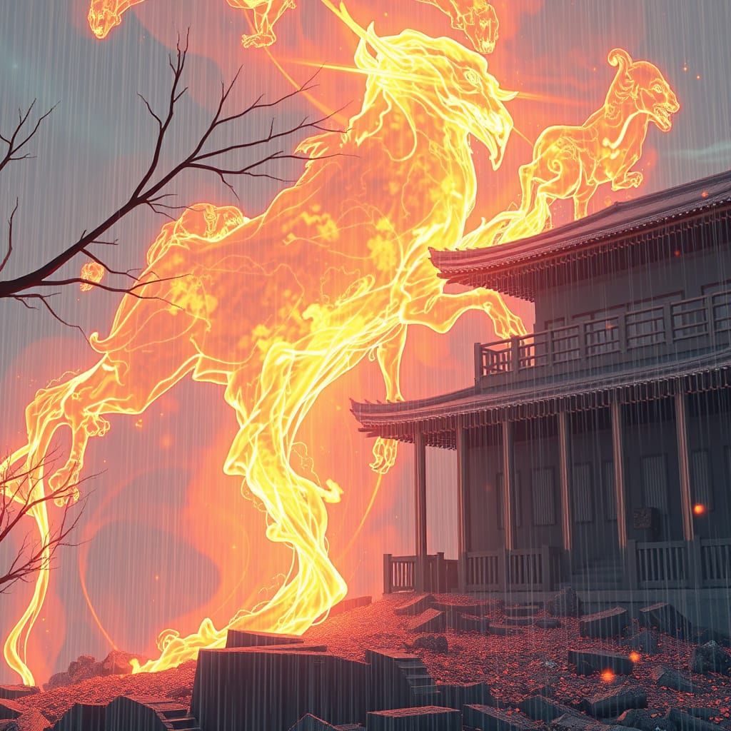 Anime Rain on Fire: 3D Art Inspired by WLOP