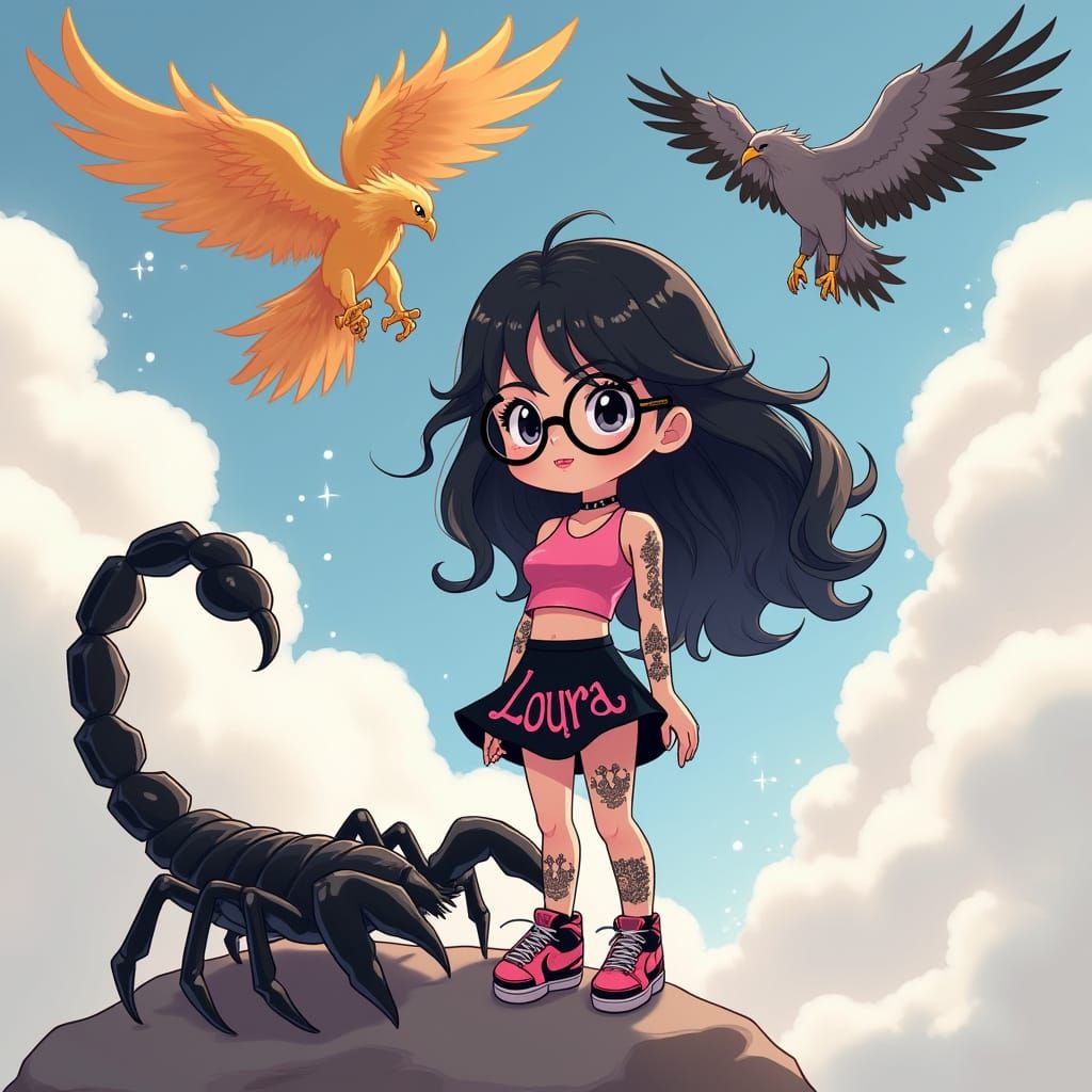 Chibi Anime Girl with Phoenix in 3D Style