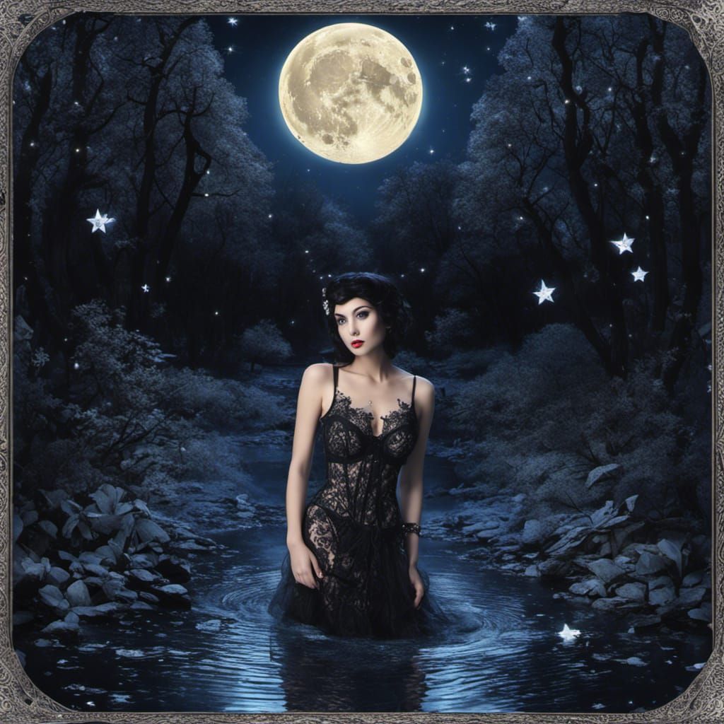 Gothic Woman in Creek, Tim Burton Style