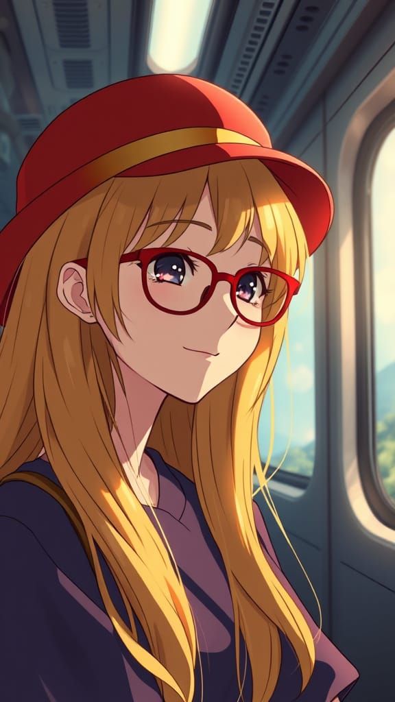 Anime Girl in Golden Hair and Red Hat by Train
