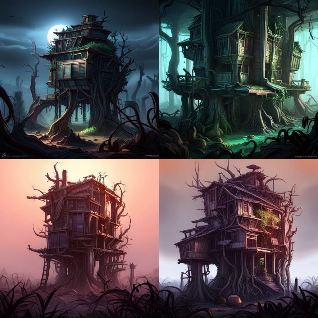 Overgrown Dilapidated Treehouse City in Digital Art Style