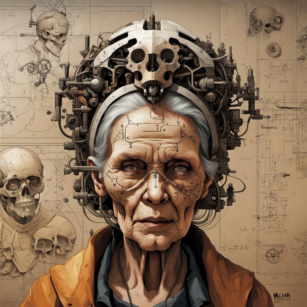 Steampunk Woman with Mechanical Skull and Equations