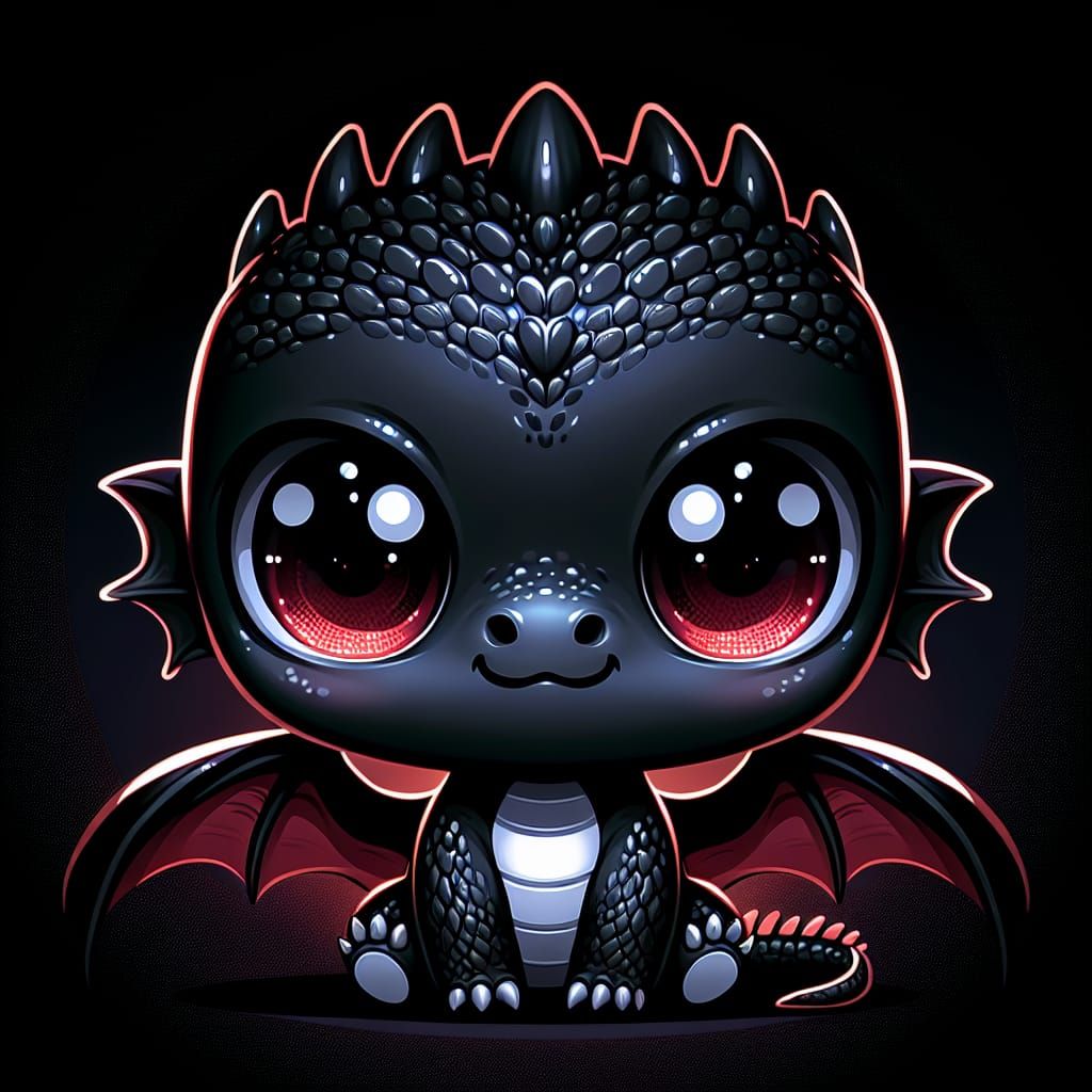 Adorable Black Chibi Dragon with Red Eyes