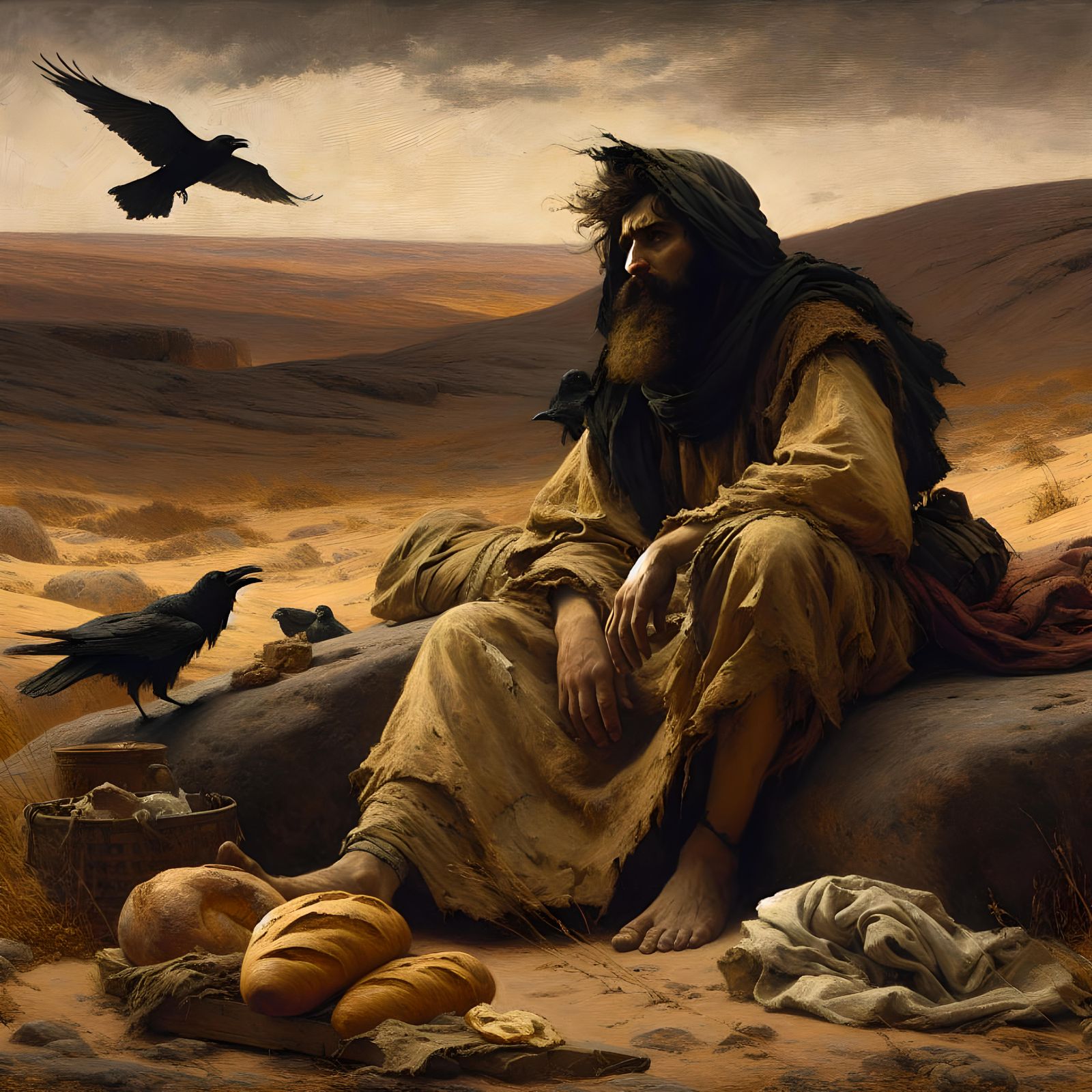 Elijah in Barren Wilderness: Baroque-Romantic Oil Painting