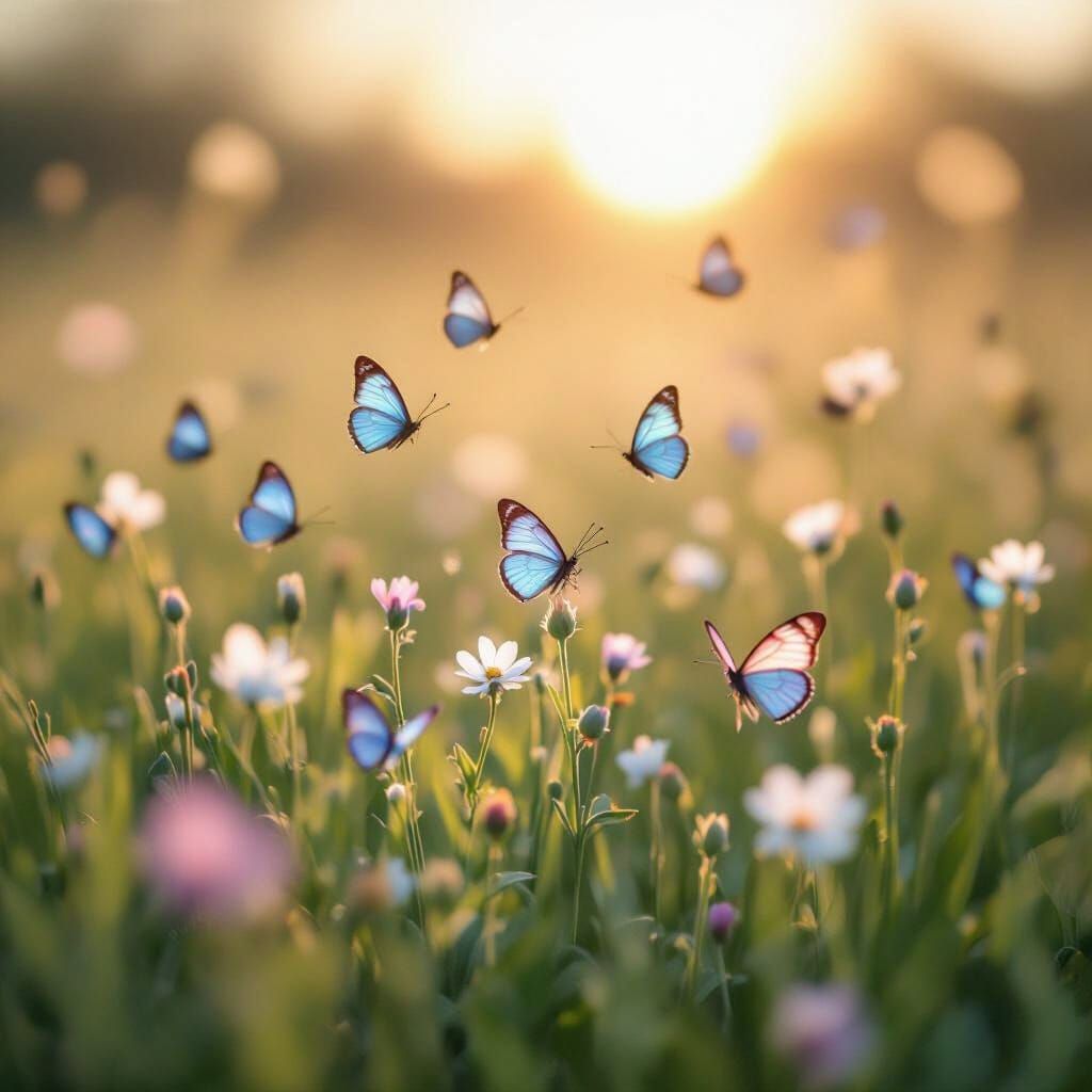 Vibrant Butterflies in Sunlit Meadow Macro Photo