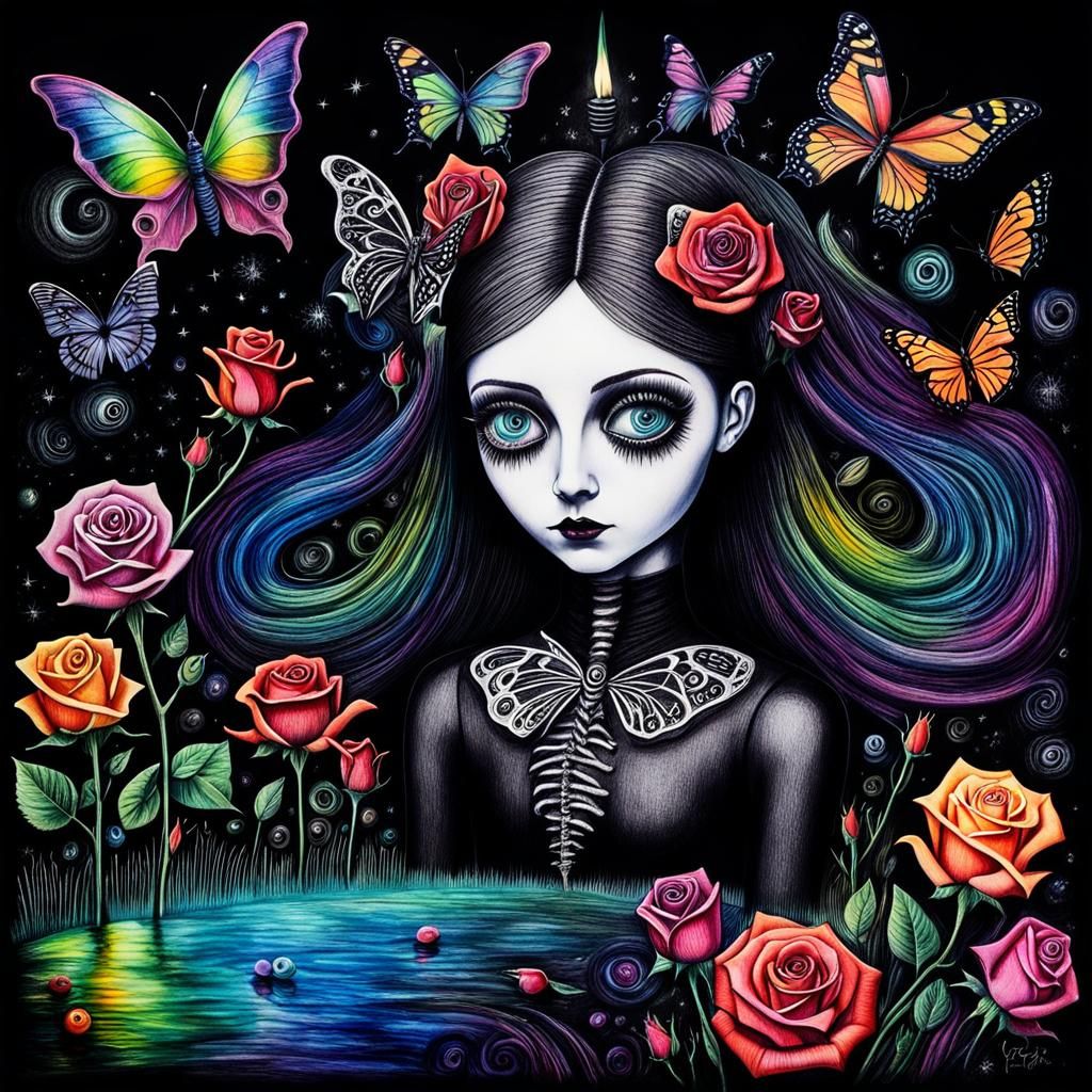 Surreal Crayon Drawing: Gothic Woman's Dreamscape