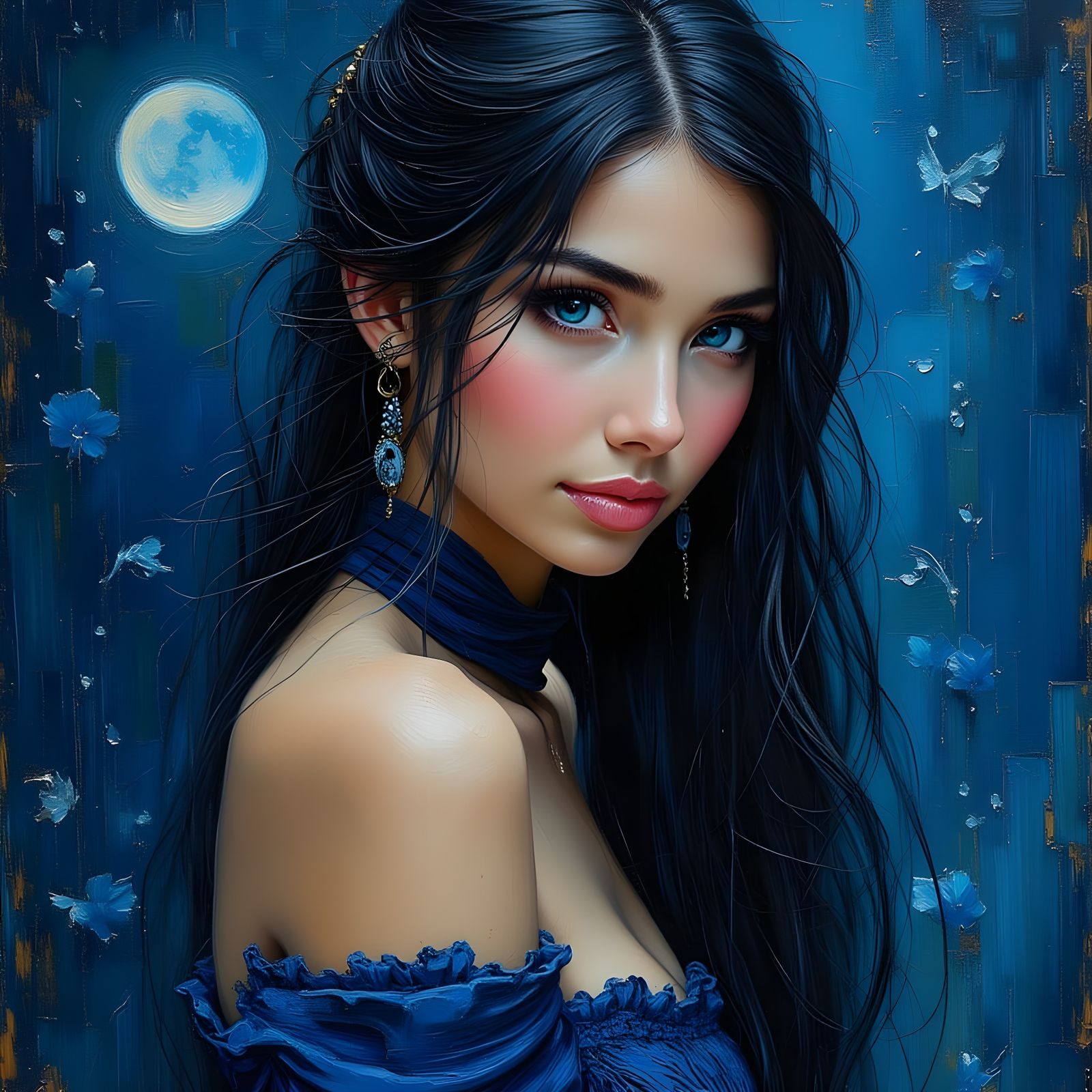 Norse Moon Goddess Portrait in Impressionist Oil Style