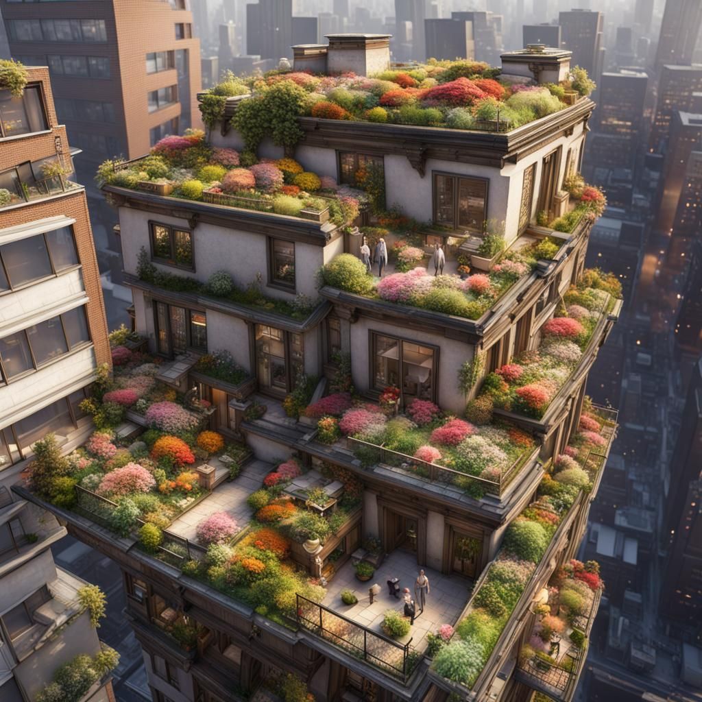 Overcrowded City with Rooftop Gardens
