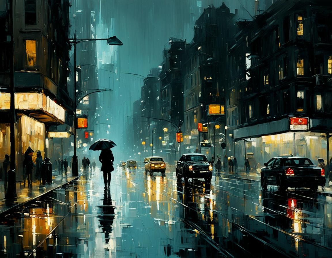 Urban Melancholy: Rainy City Lights in Oil