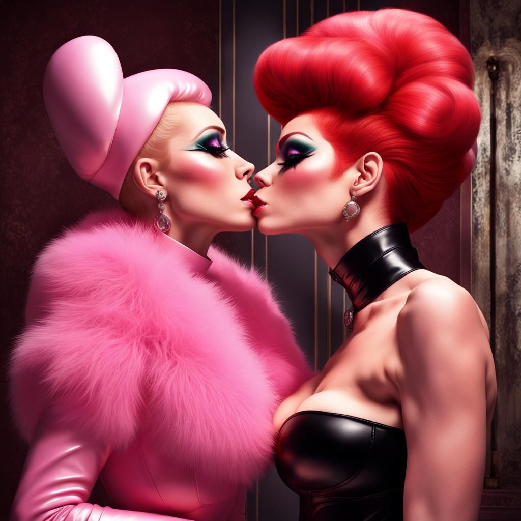 Two Drag Queens Kissing: Detailed Fantasy Concept Art