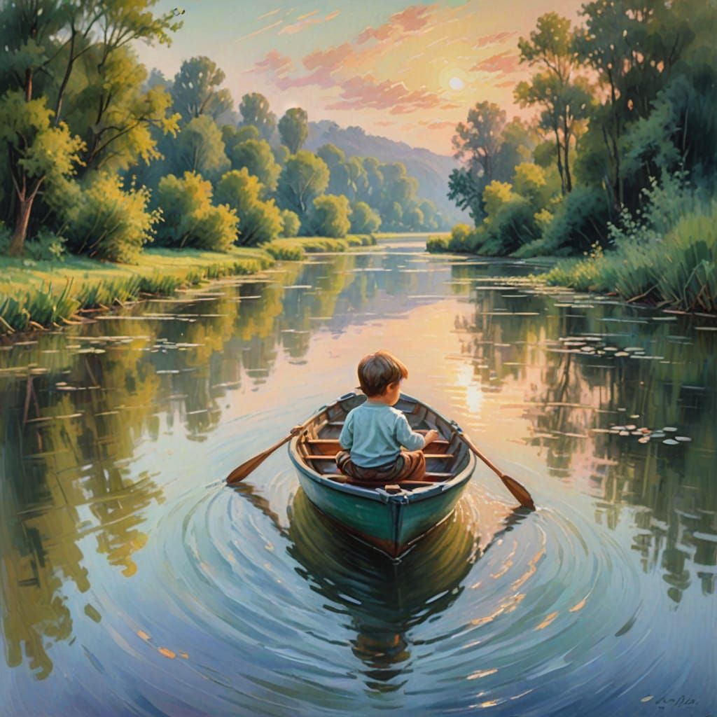 Dreamy Impressionist Masterpiece of a Baby in a Serene River...