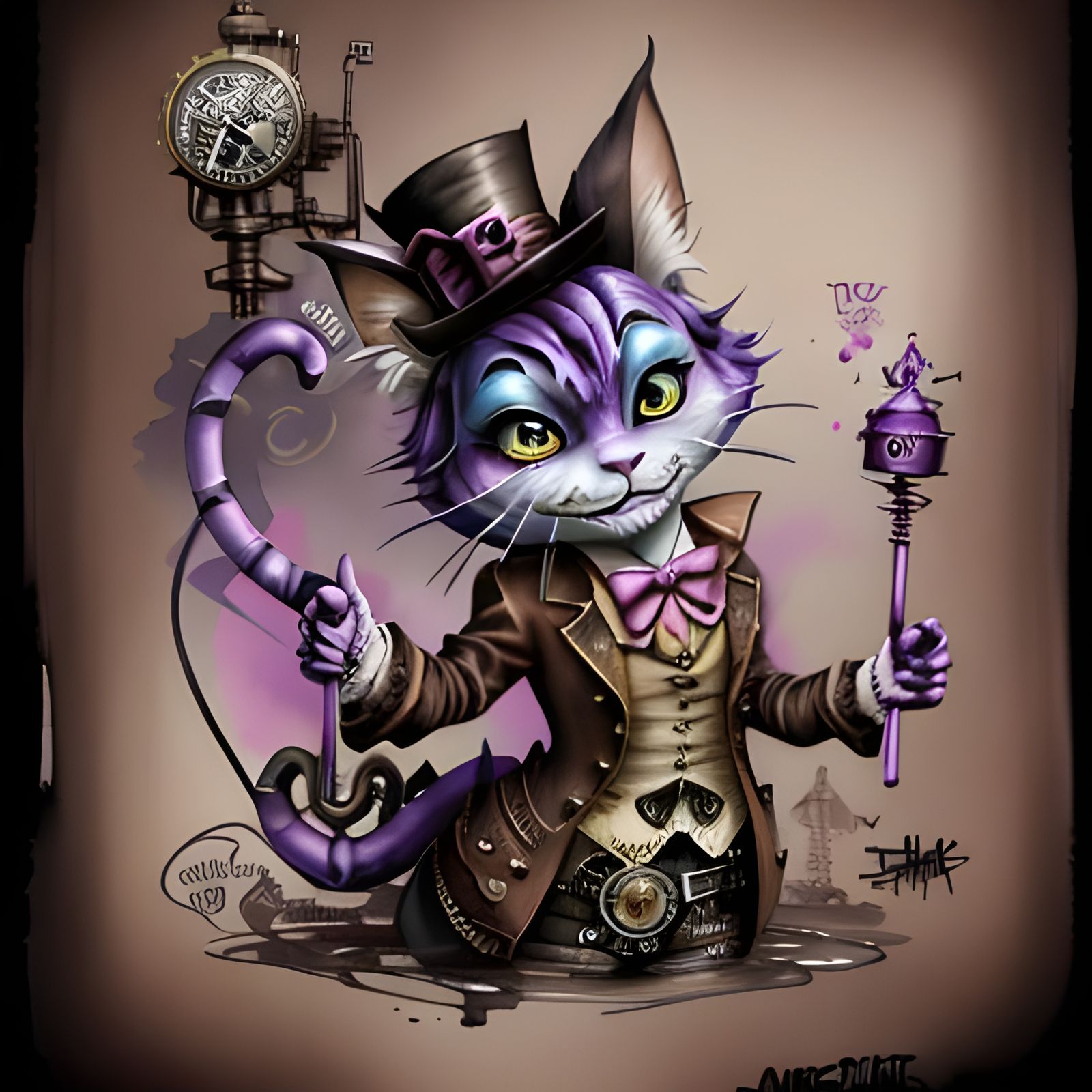 Steampunk Cheshire Cat in Wonderland, Graffiti Watercolour