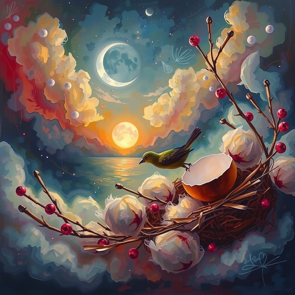 Moonlit Moment: A Vibrant Impasto Scene of a Bird's Emergenc...