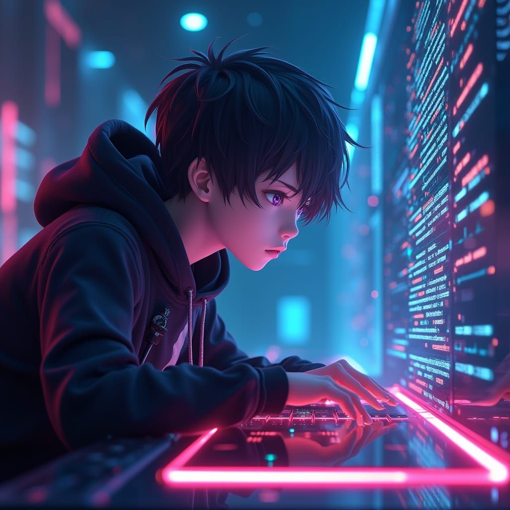 Futuristic Coder in Neon Anime Style