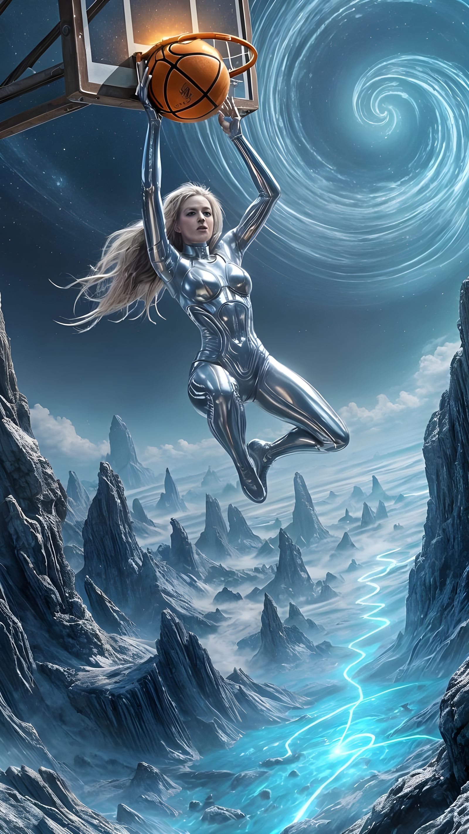 Woman with Silver Skin Dunks on Alien Planet