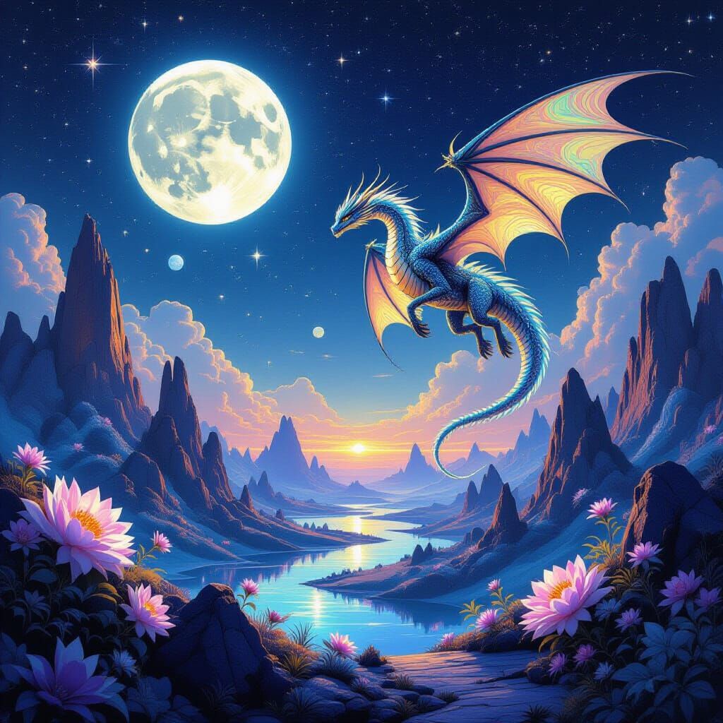 Mystical Dragon Soars Over Ethereal Landscape Under Twin Moo...