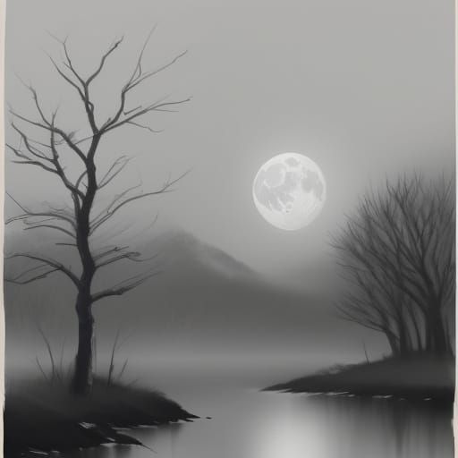 Moon and Tree in Japanese Ink Style
