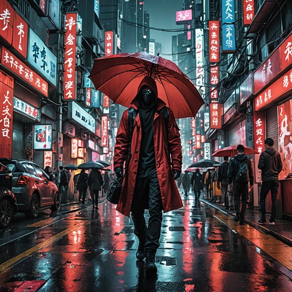 Cyberpunk Man with Umbrella in Neo-Tokyo