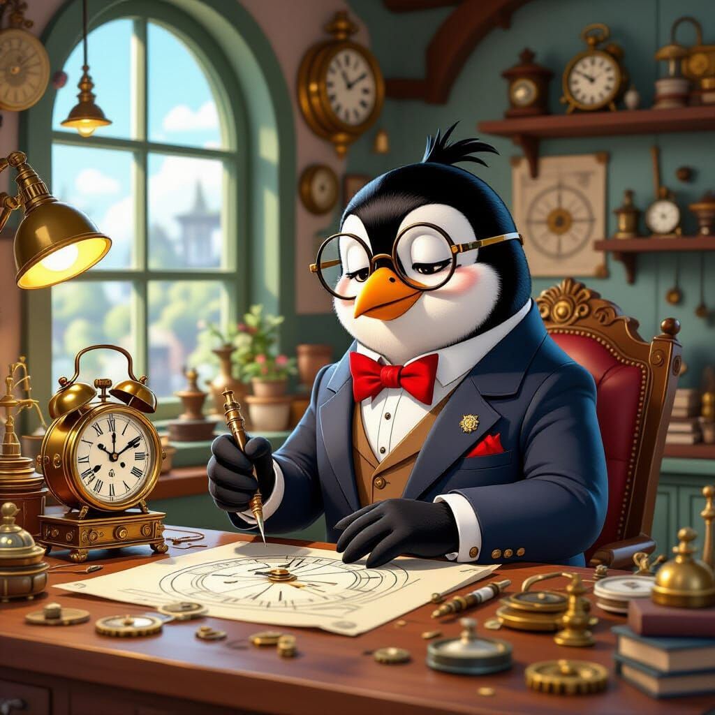 Steampunk Penguin Clockmaker in Cozy Workshop