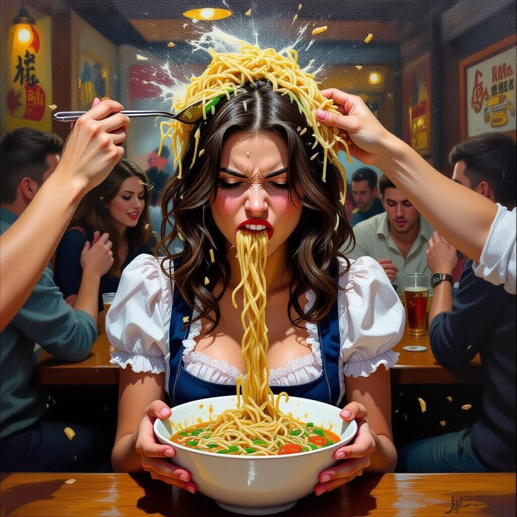 Brunette Barmaid in Food Fight, Detailed Oil Painting