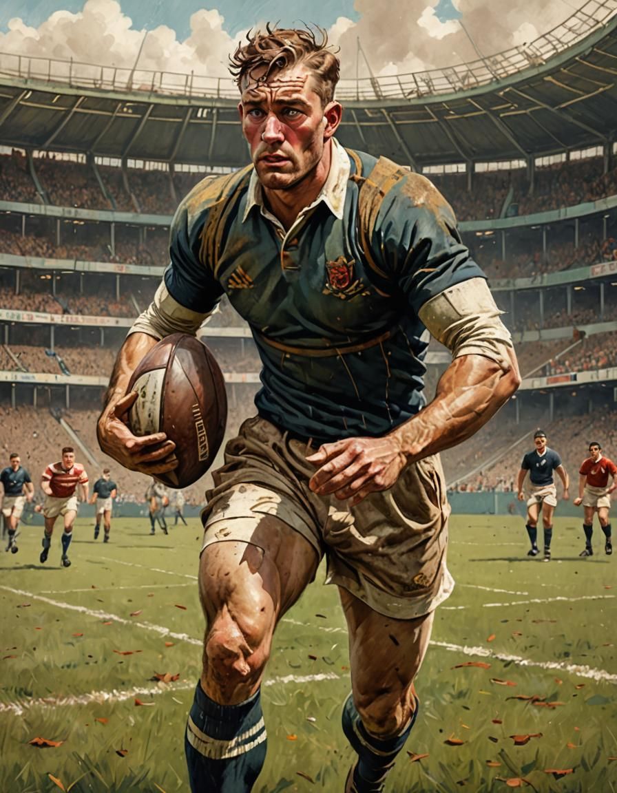 Vintage Rugby Player in Stadium, Hyperdetailed Art