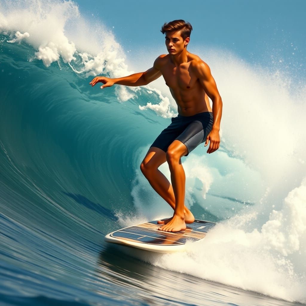 Chiseled Surfer Masterfully Riding a Wave