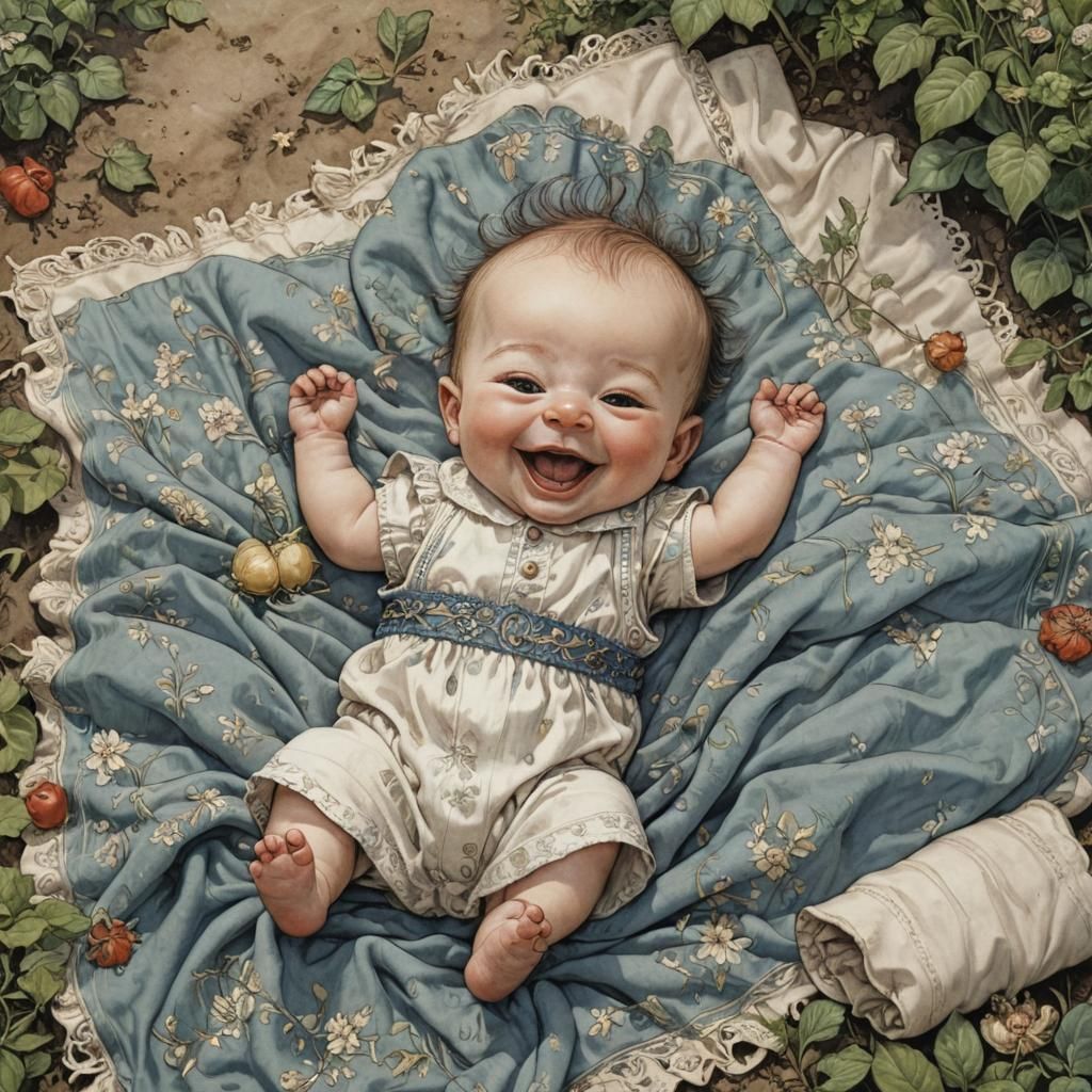 Laughing Baby in Garden, Fairytale Illustration