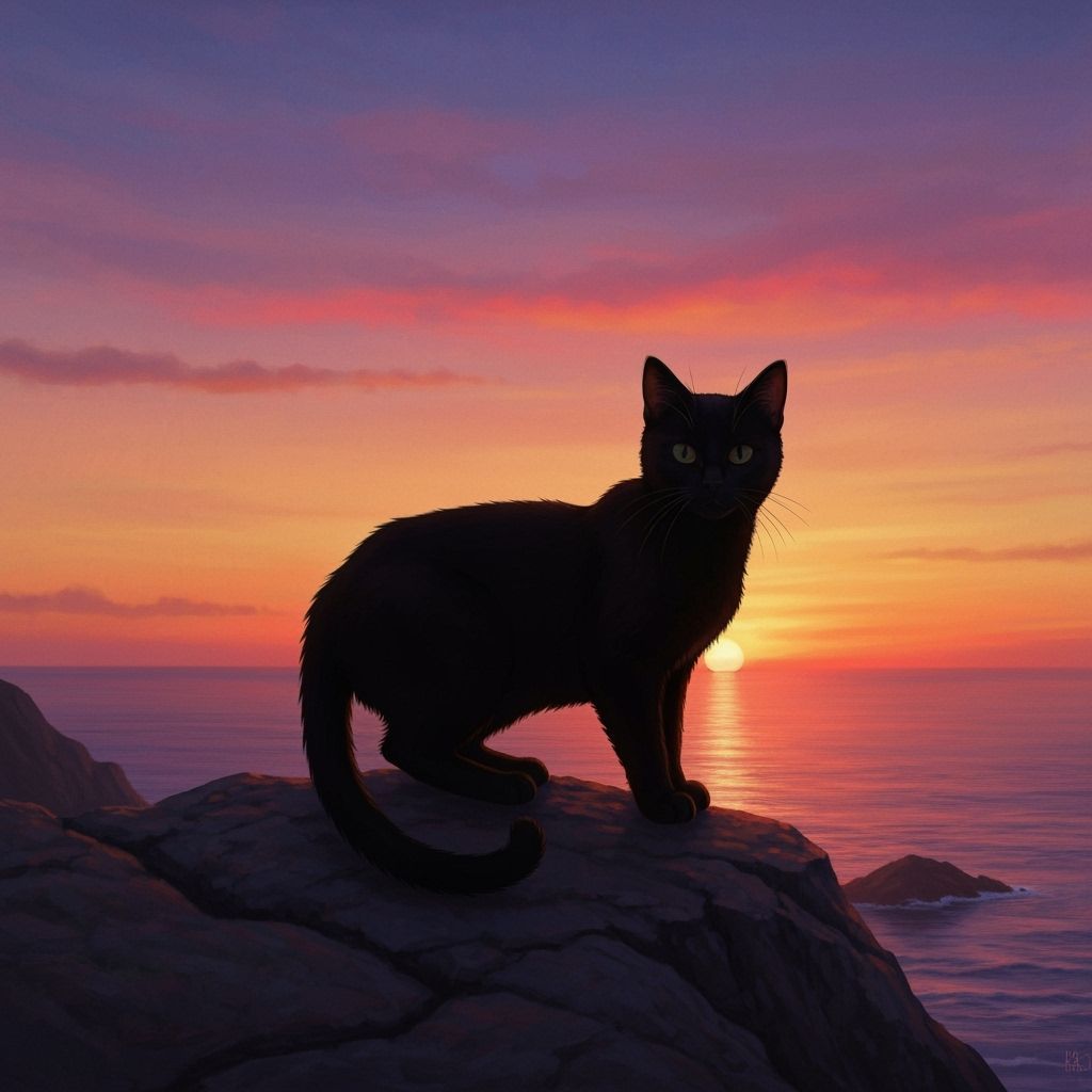 Black Cat Silhouette at Sunset, Painterly Style