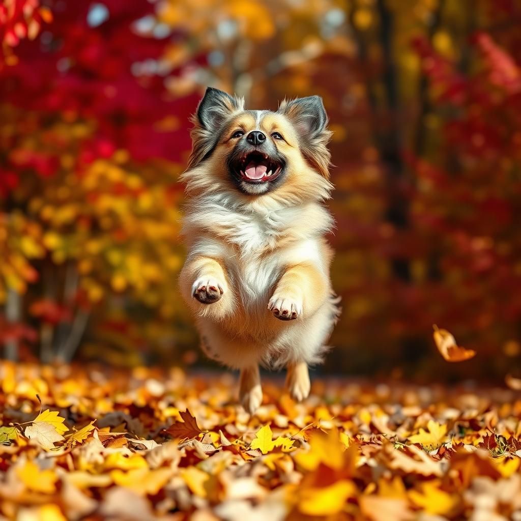 Happy Dog Playing in Autumn Leaves