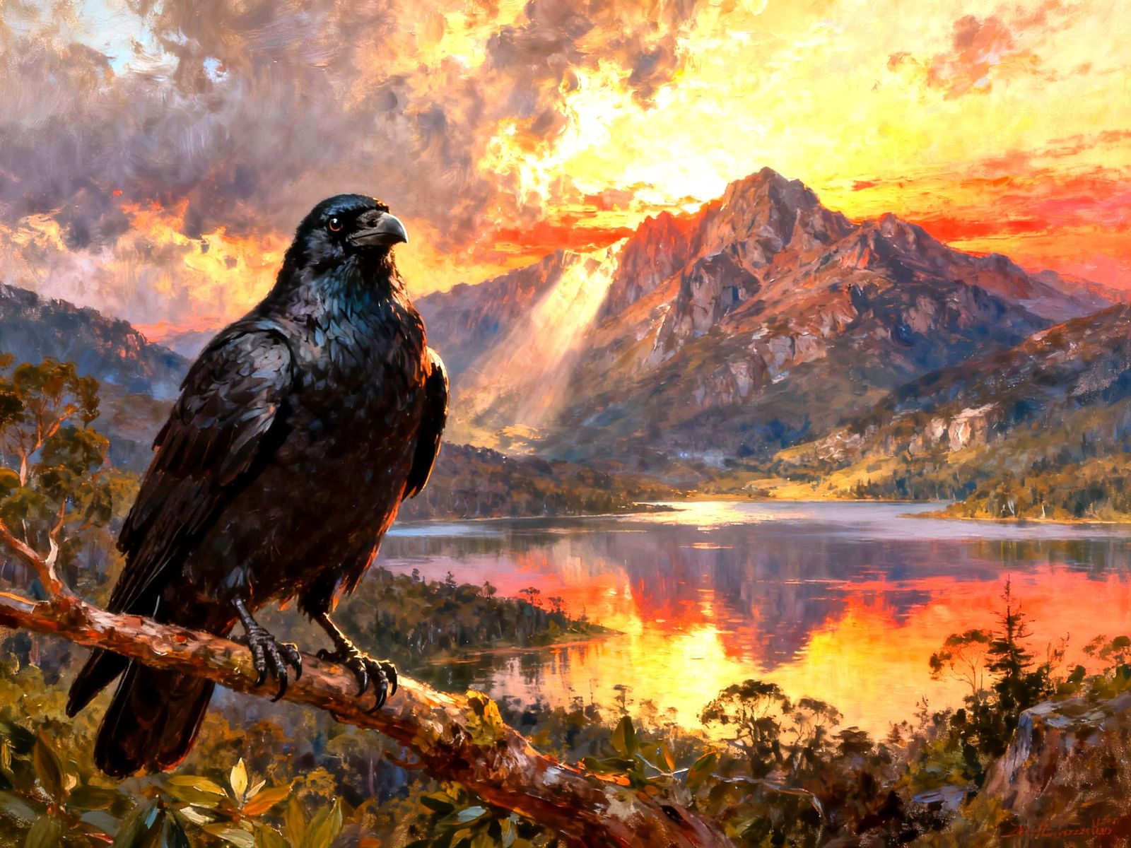 Tasmanian Raven Perched in Wilderness at Sunset